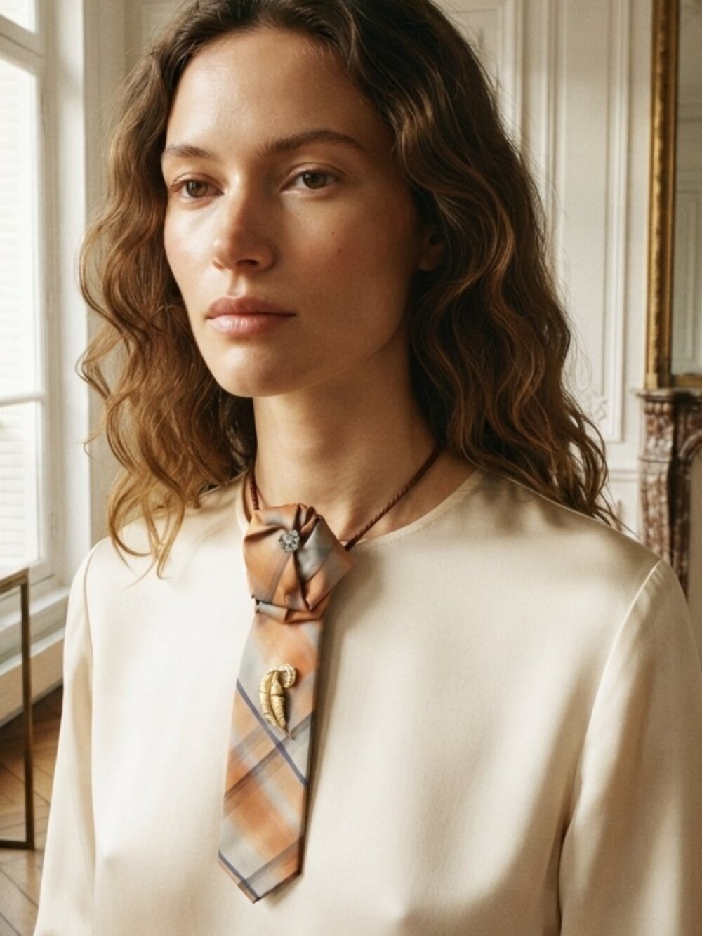 Van Heusen Silk Plaid Orange and Gray Statement Tie Necklace with Gold Tone Leaf